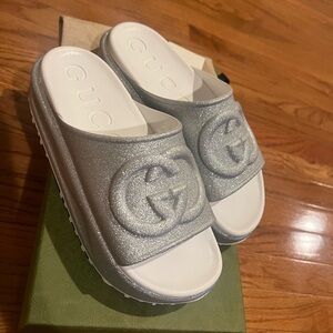 New Gucci GG logo silver glitter platform EU 39 slides